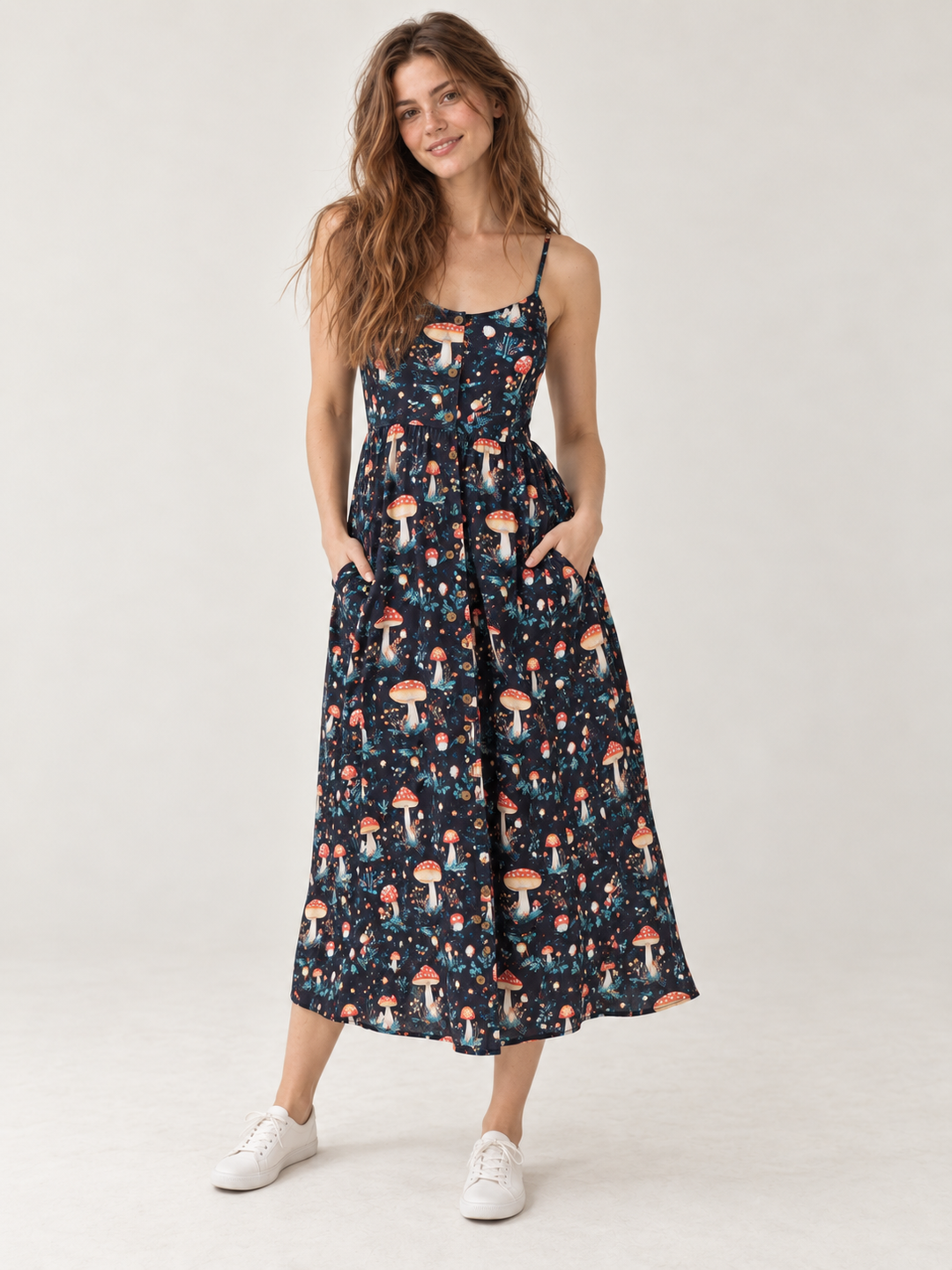Toadstool Mushroom Faux Button Down Dress — full-body front view