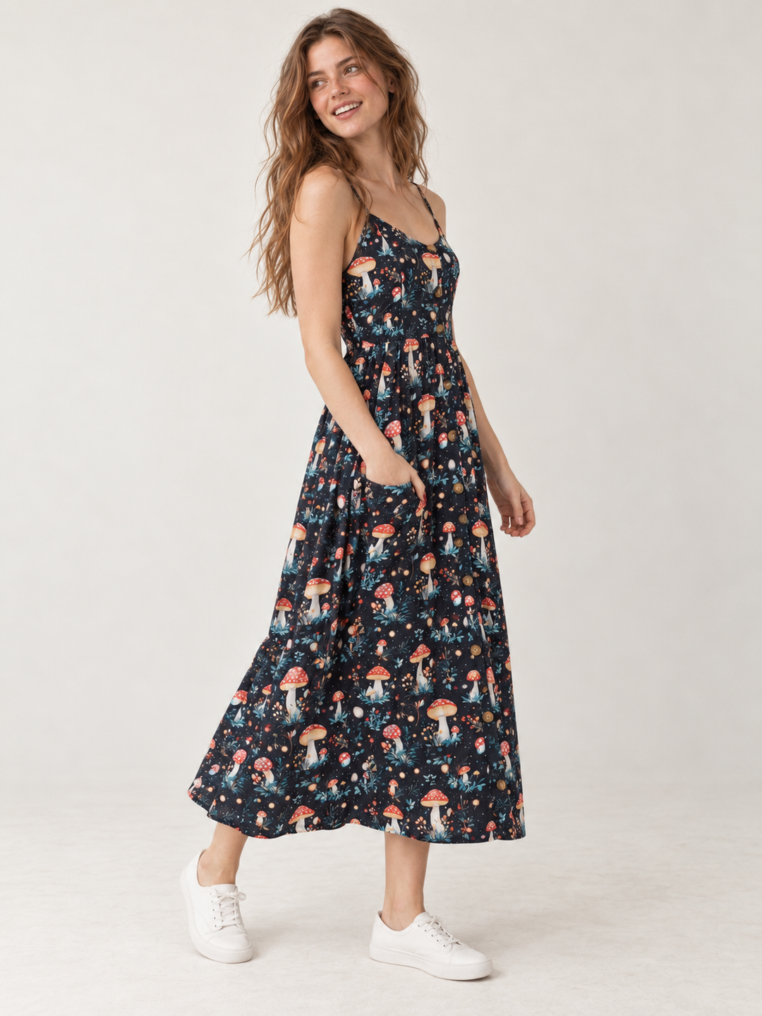 Toadstool Mushroom Faux Button Down Dress — full-body three-quarter view
