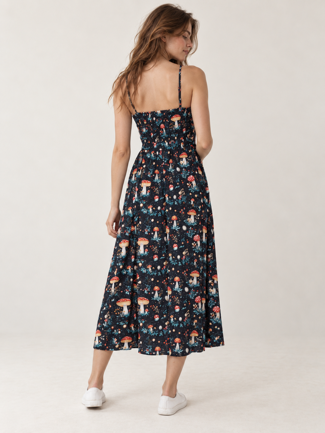Toadstool Mushroom Faux Button Down Dress — full-body back view