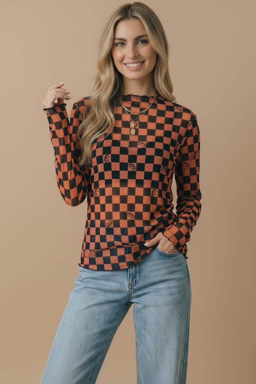 Halloween Sheer Long Sleeve Checkered Pumpkin