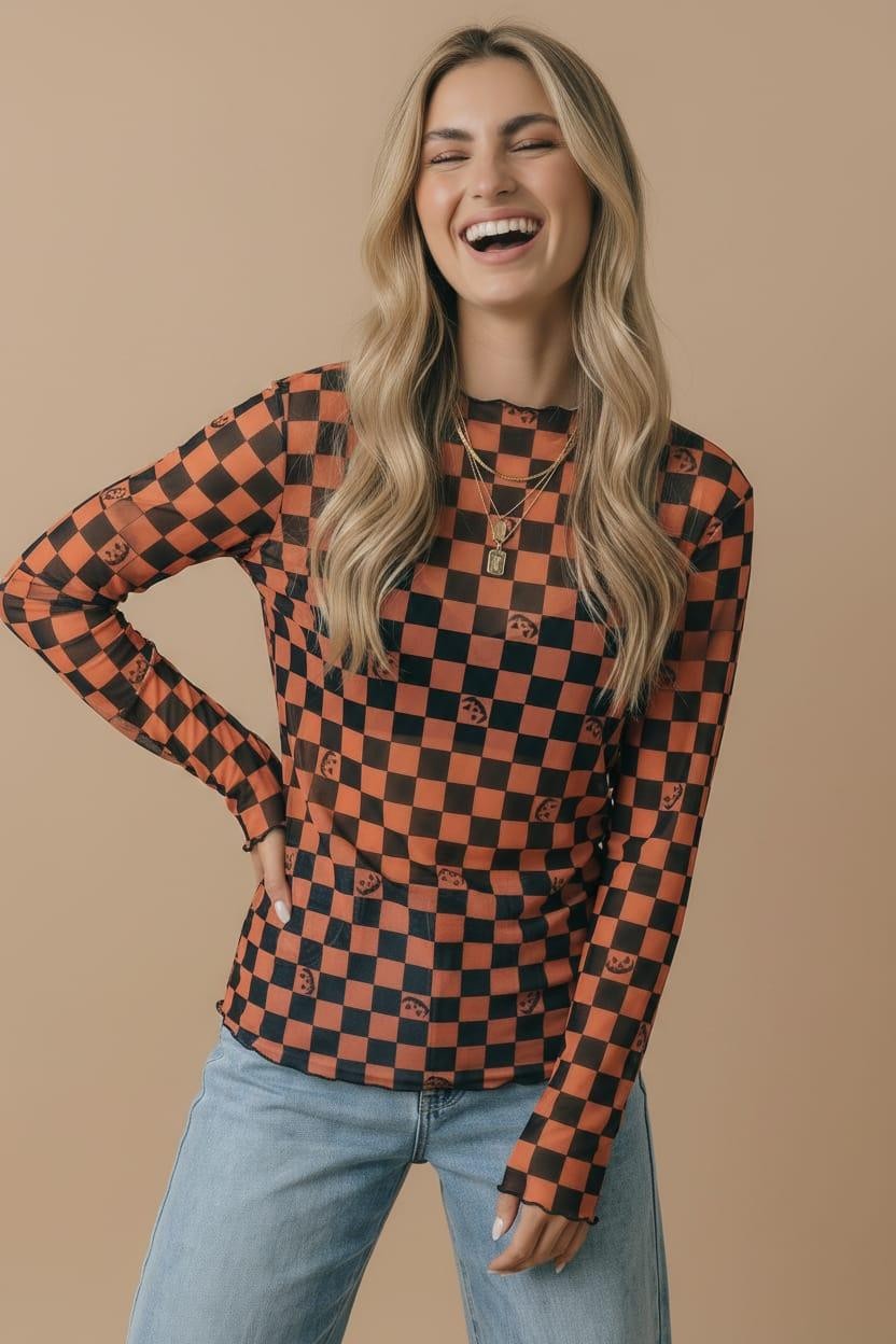 Halloween Sheer Long Sleeve Checkered Pumpkin