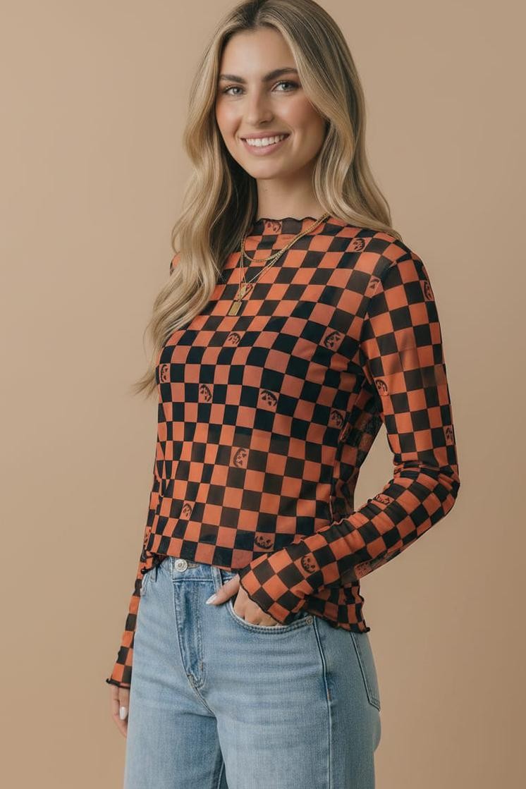 Halloween Sheer Long Sleeve Checkered Pumpkin