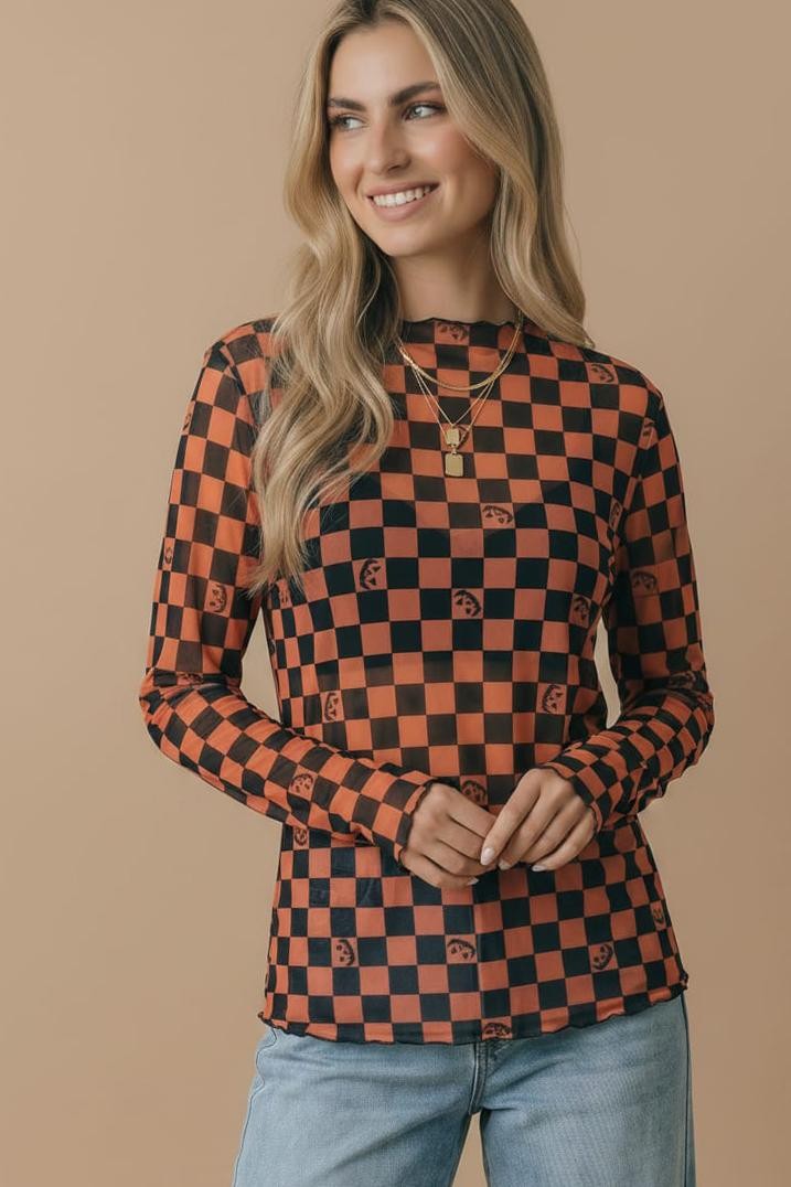 Halloween Sheer Long Sleeve Checkered Pumpkin