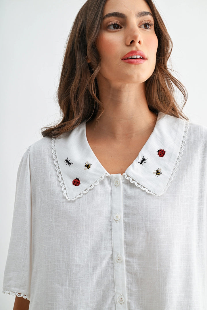 Ladybug Ant Bee Embroidered Collar Blouse