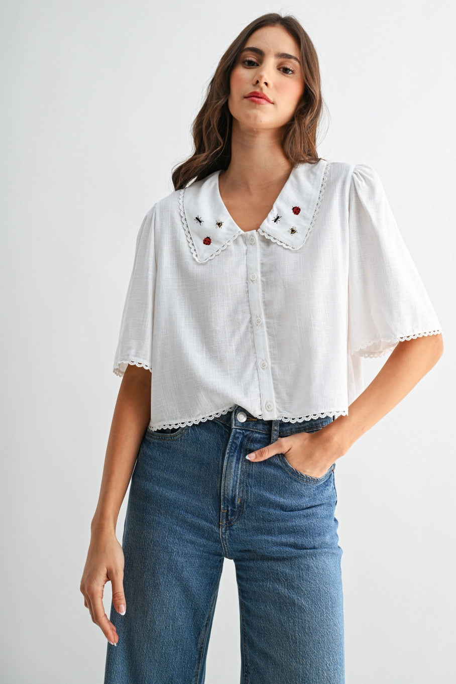 Ladybug Ant Bee Embroidered Collar Blouse
