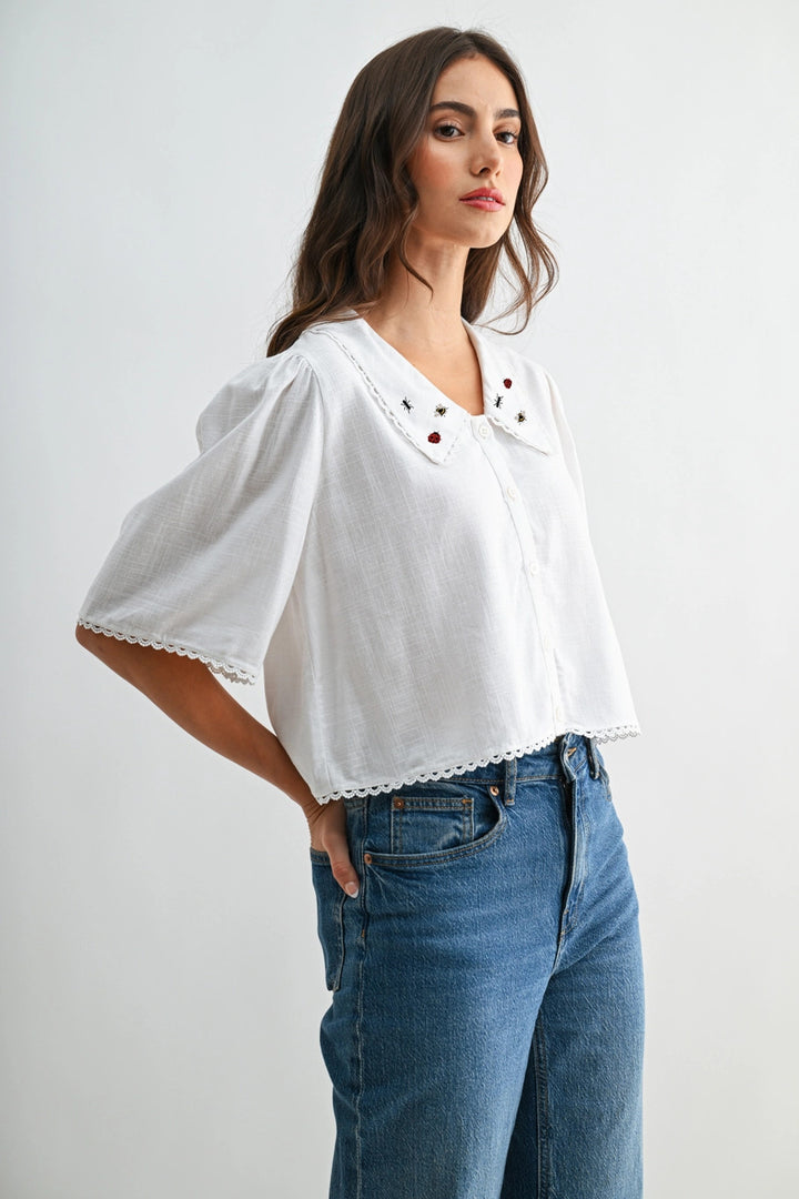 Ladybug Ant Bee Embroidered Collar Blouse