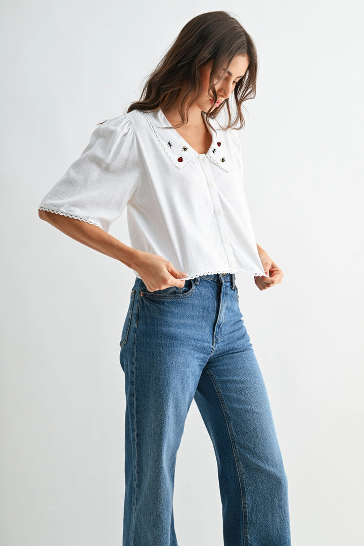 Ladybug Ant Bee Embroidered Collar Blouse