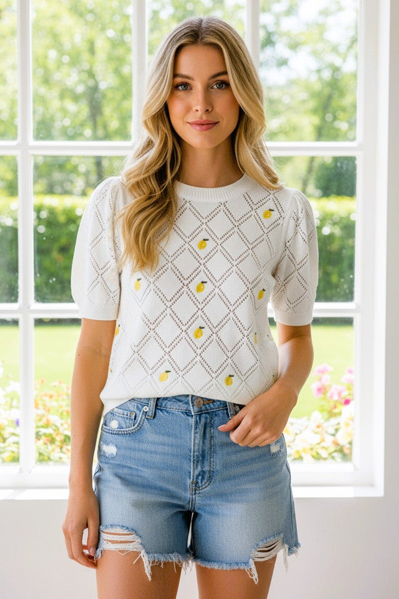 Lemon Embroidered Short Sleeve Sweater