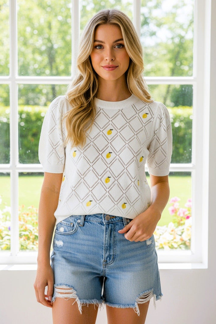 Lemon Embroidered Short Sleeve Sweater