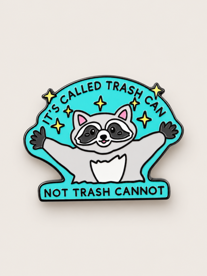 Trash Can Raccoon Pin shown on a warm neutral background