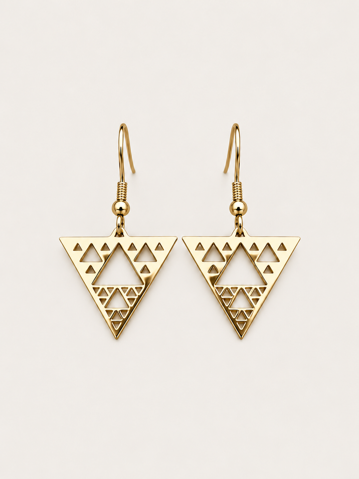 Gold Triangle Cutout Drop Earrings shown on a warm neutral background
