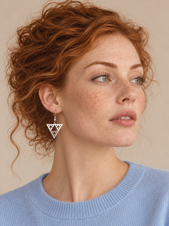 Model wearing silver Triangle Cutout Drop Earrings with a light blue sweater