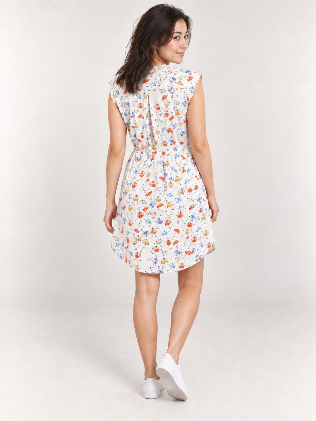 Model wearing Umbrella V-neck Dress, back view
