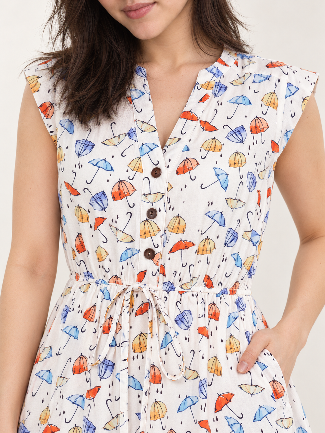 Umbrella V-neck Dress fabric and button detail