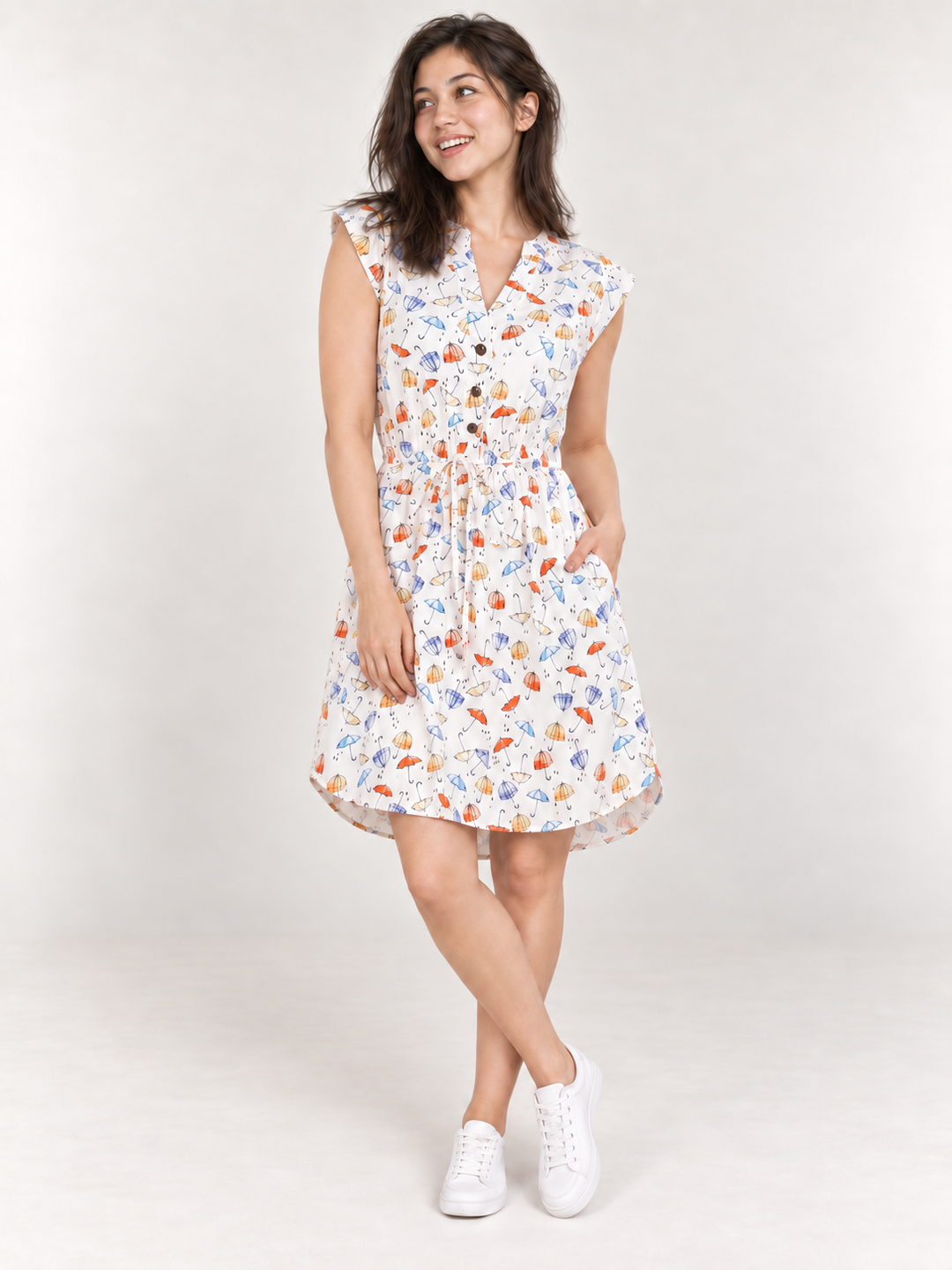 Model wearing Umbrella V-neck Dress, front view