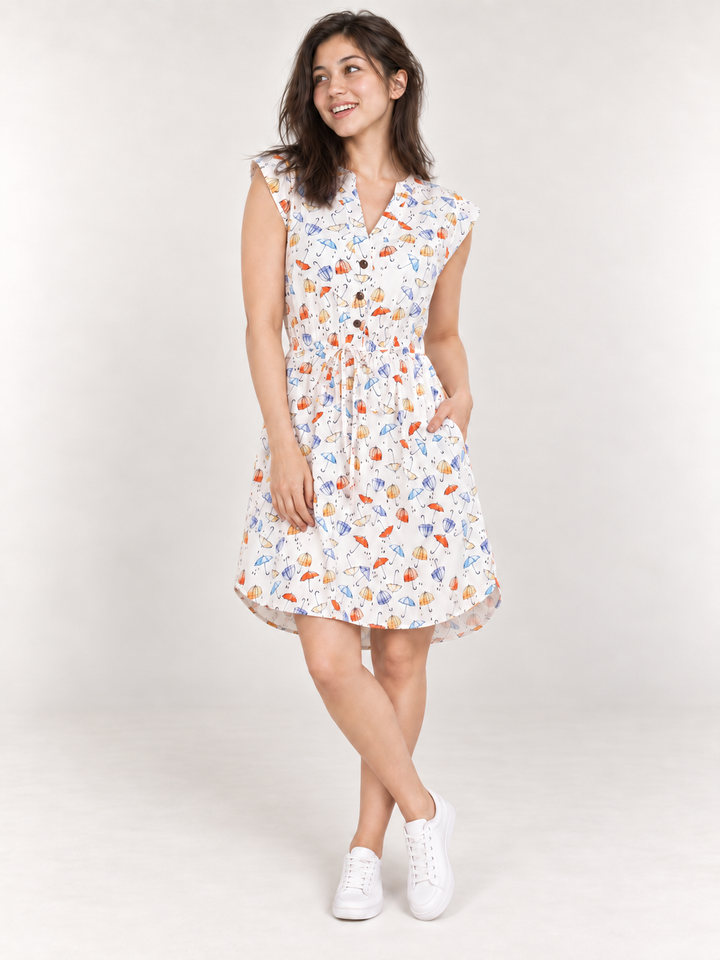 Model wearing Umbrella V-neck Dress, front view