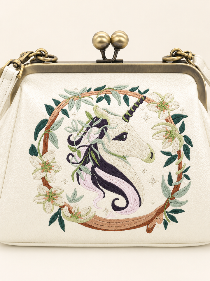Close-up detail of Unicorn Kisslock Bag artwork and kiss-lock hardware