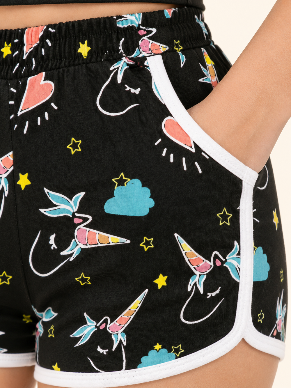 Unicorn Shorts fabric and print close-up