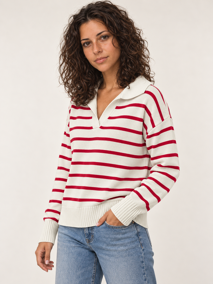 V-neck striped sweater red - angled view