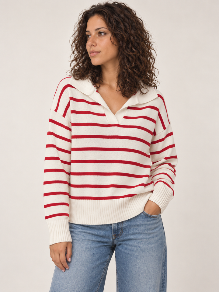 V-neck striped sweater red - front view