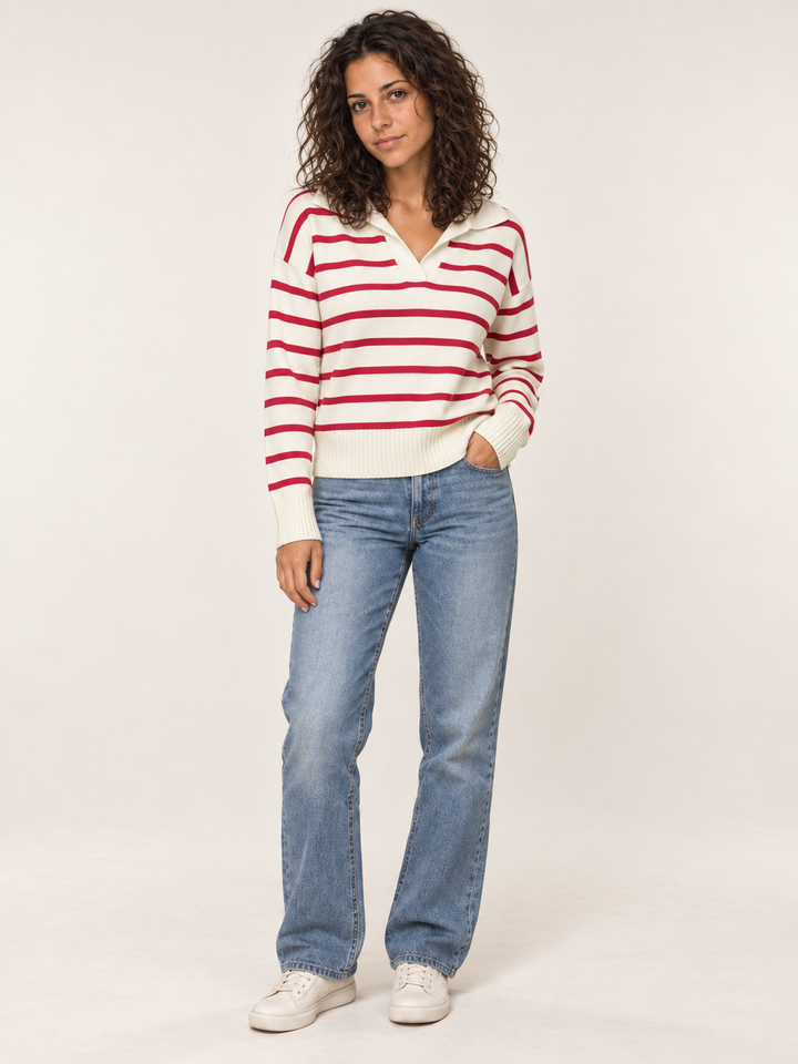 V-neck striped sweater red - full body view