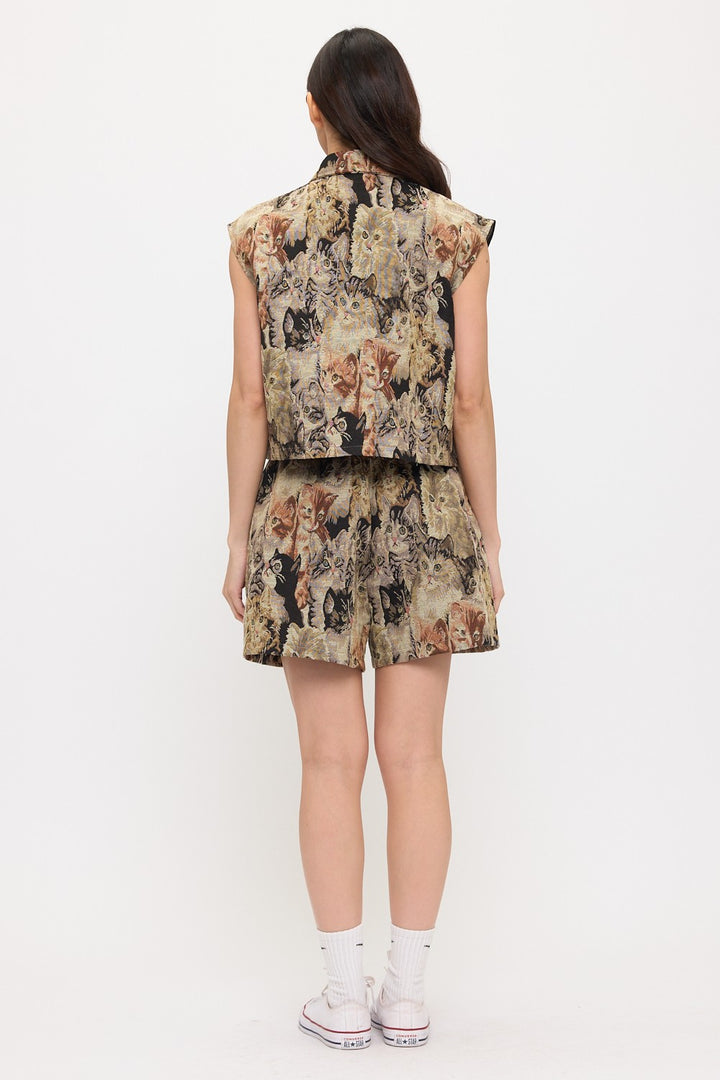 Cat Tapestry Buttoned Vest