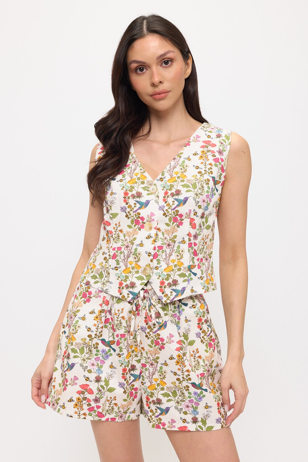 Floral Hummingbird Buttoned Vest