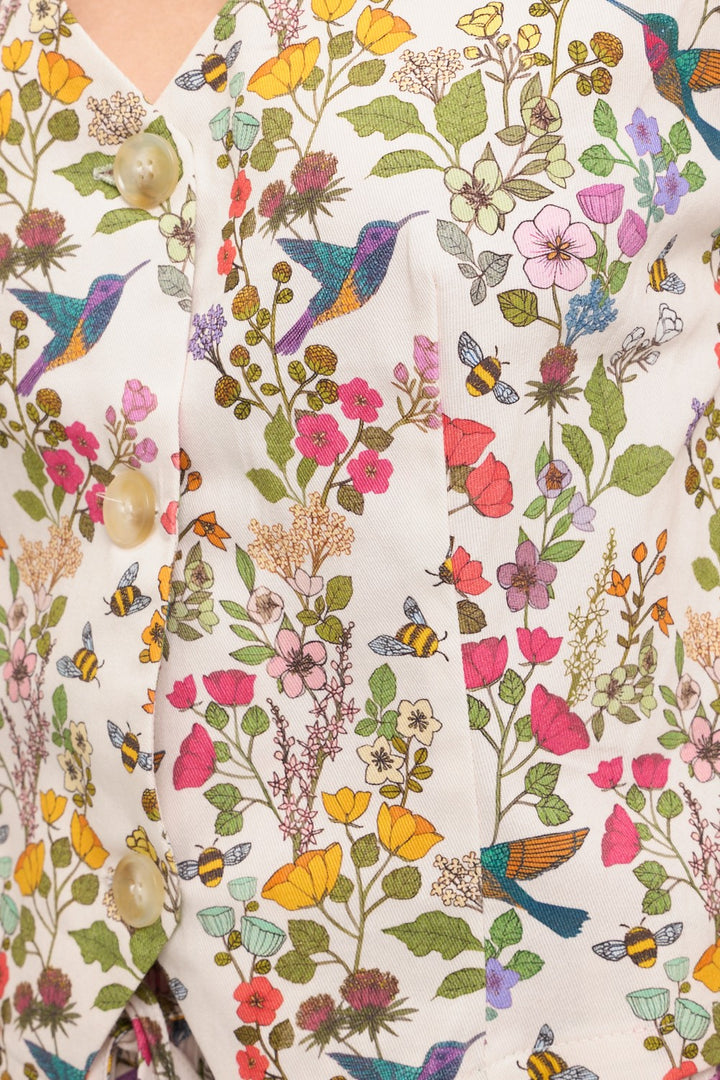Floral Hummingbird Buttoned Vest