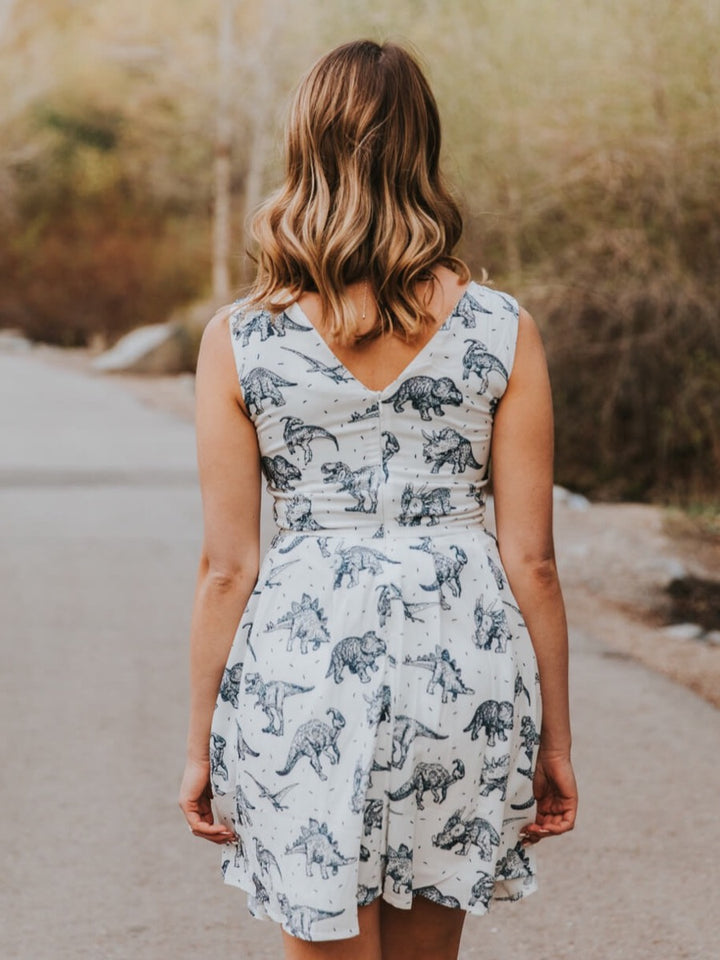 White dinosaur dress, outdoor back view