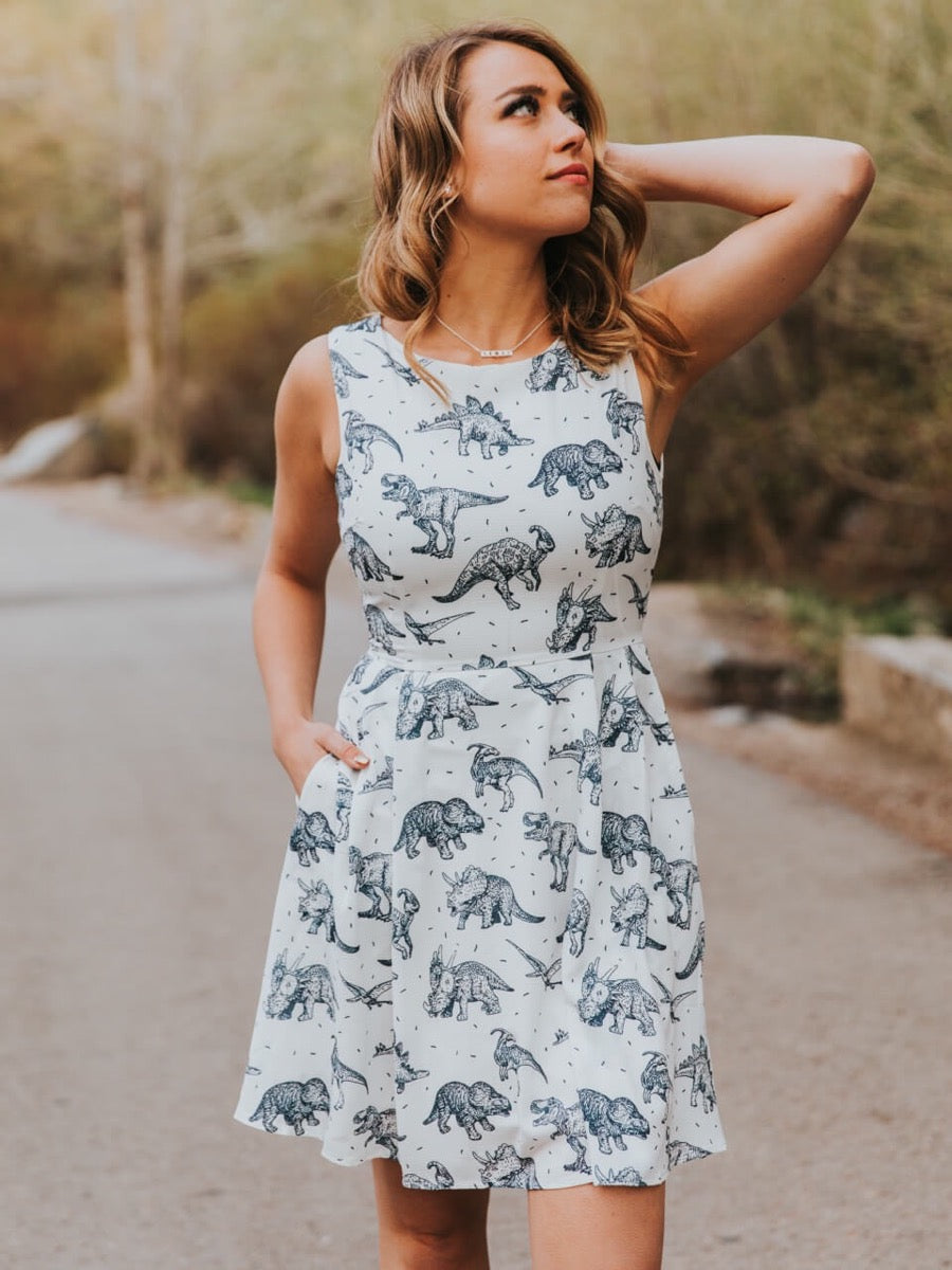 White dinosaur dress, outdoor front view