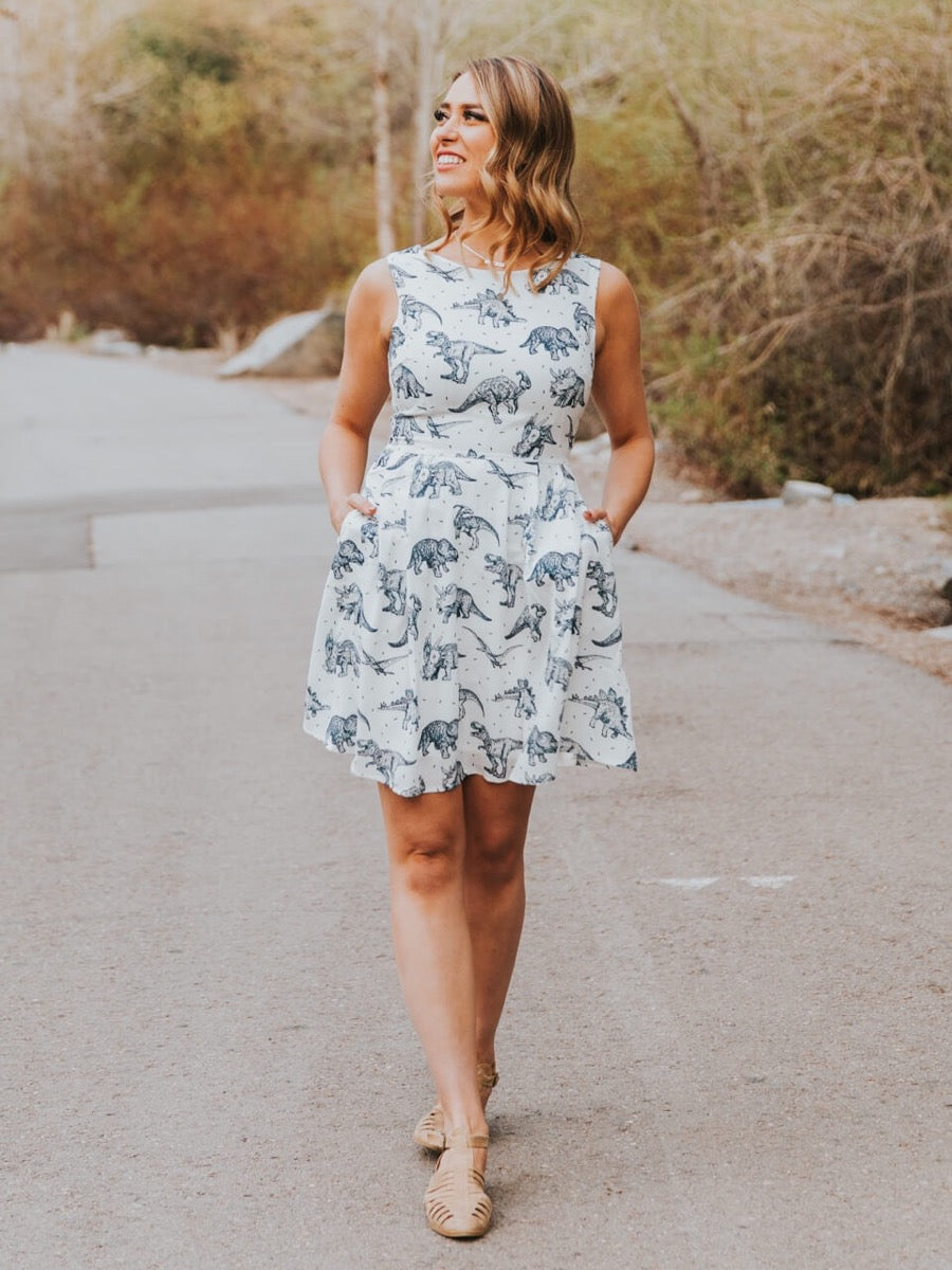 White dinosaur dress, outdoor full-length view