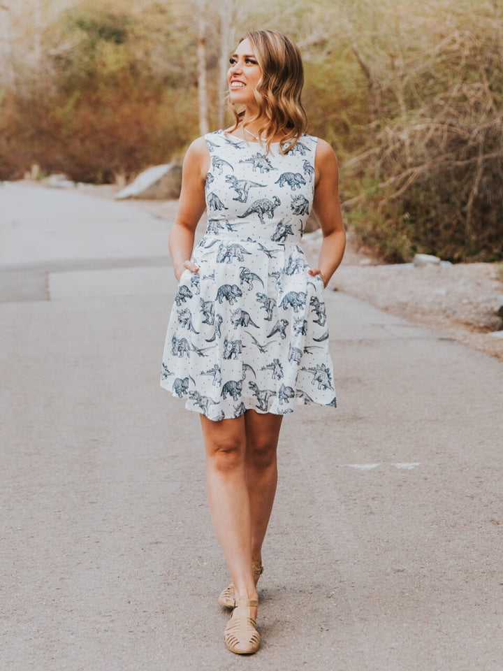 White dinosaur dress, outdoor full-length view