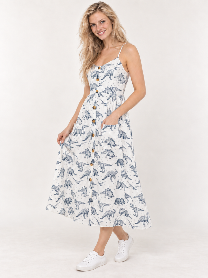 White Dinosaur Faux Button Down Dress 45-degree view