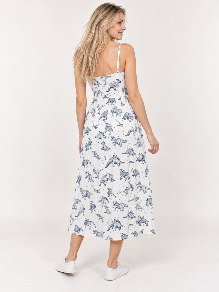 White Dinosaur Faux Button Down Dress back view