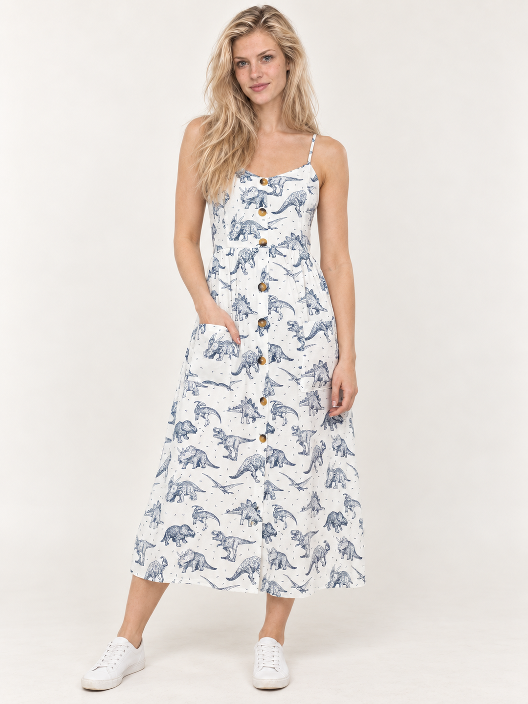 White Dinosaur Faux Button Down Dress front view