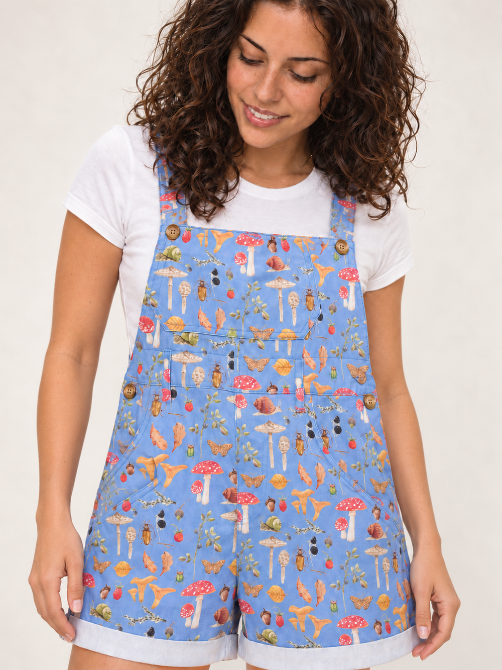 Woodland Mushroom Short Overalls Blue fabric and print detail