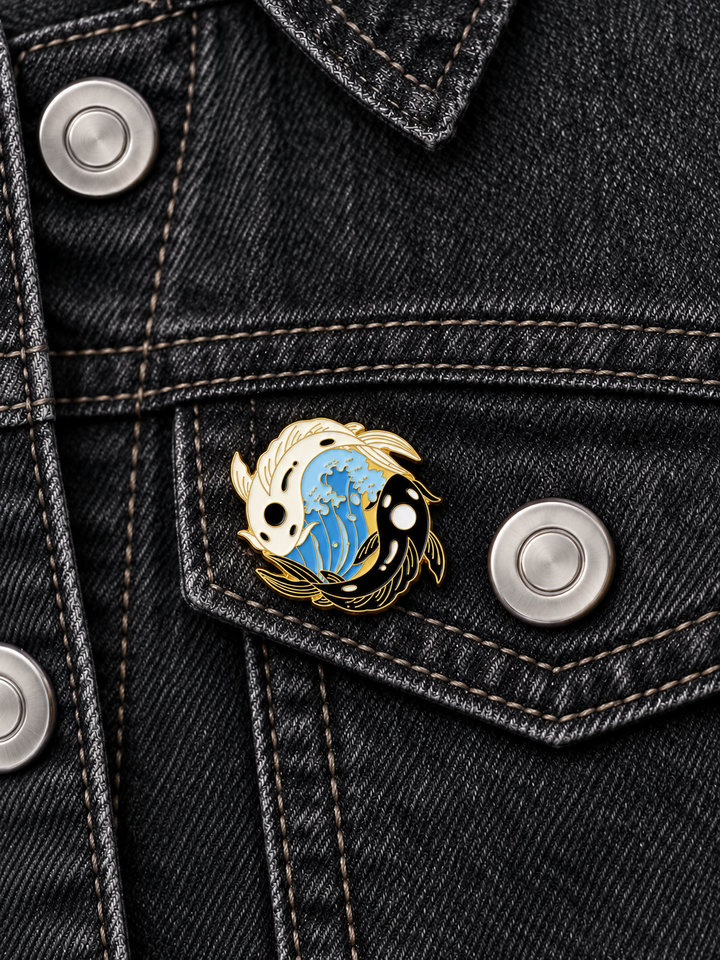 Yin Yang Koi Wave Pin displayed on black denim beside a brushed silver button