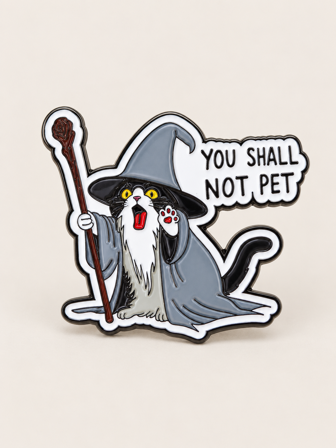 You Shall Not Pet Wizard Cat Pin shown on a warm neutral background