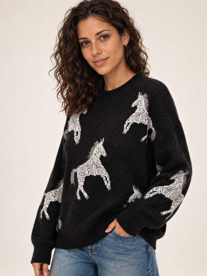 Model wearing Zebra Sweater Black, angled view