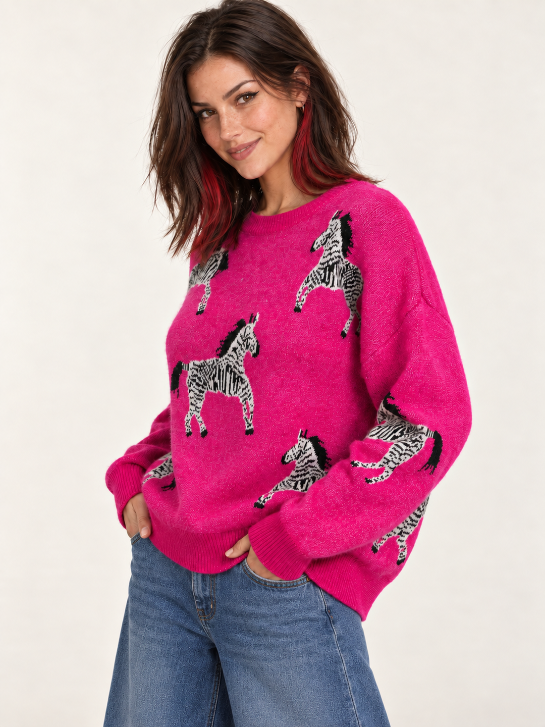Zebra Sweater Pink angled view