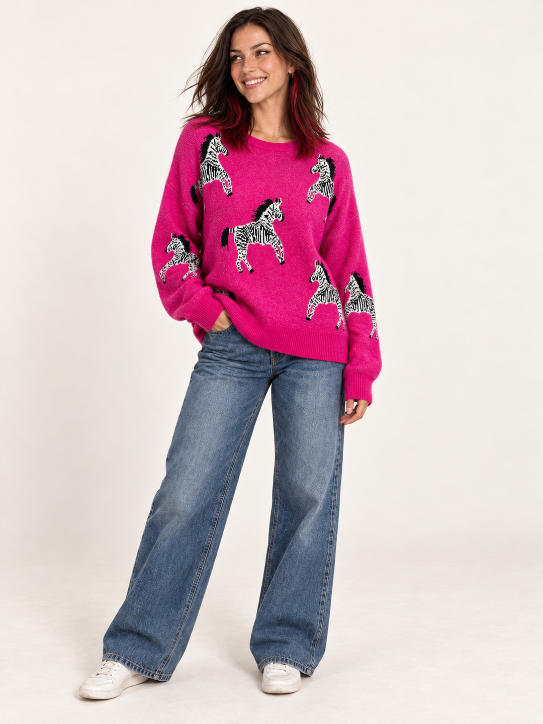 Zebra Sweater Pink full-body front view