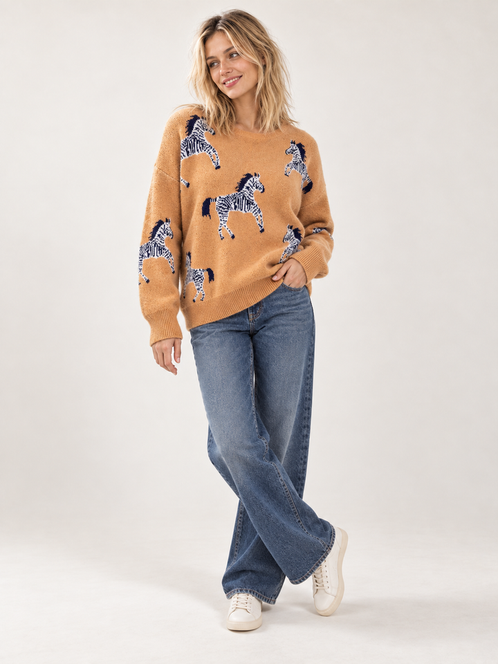 Full-body view of Zebra Sweater Tan on model