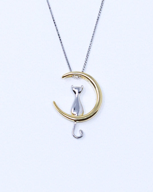 Cat On Golden Moon Necklace