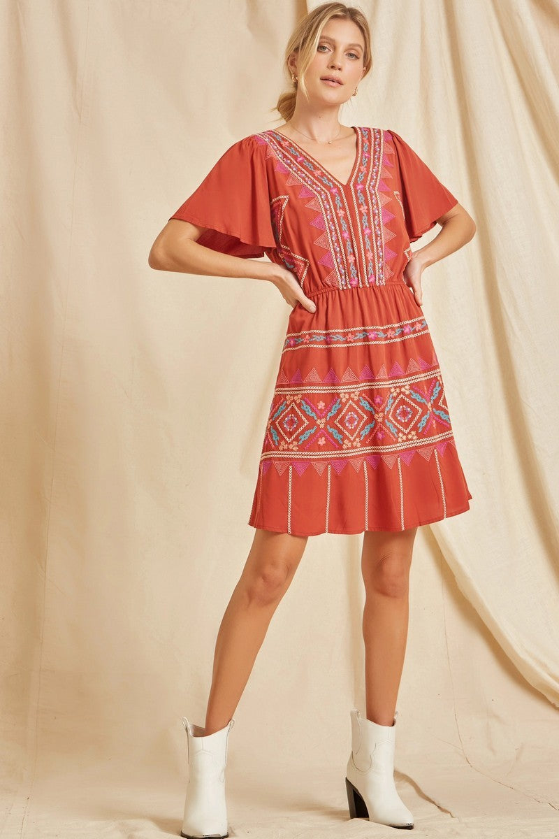 Embroidered Rust Dress