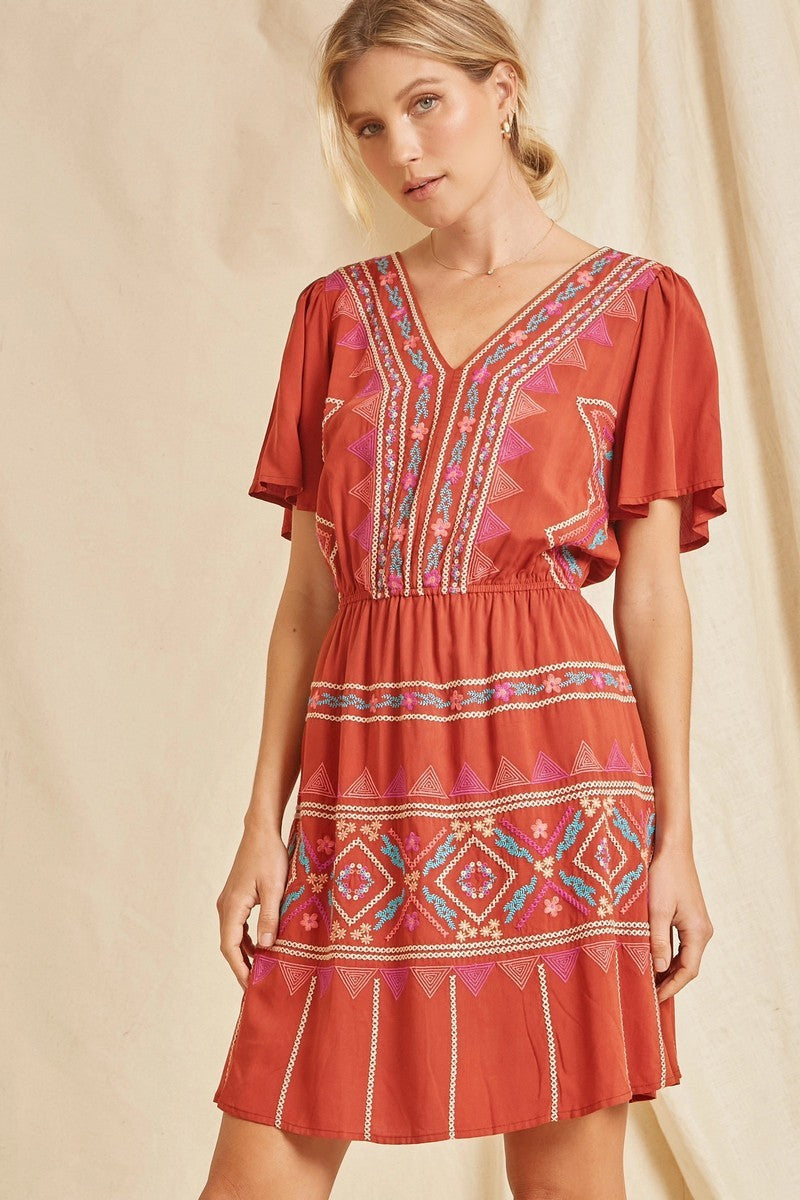 Embroidered Rust Dress