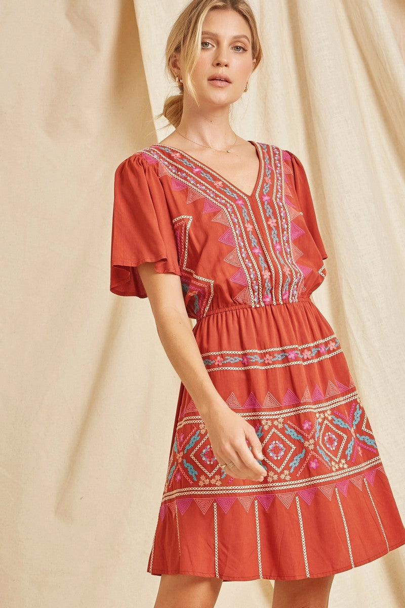 Embroidered Rust Dress